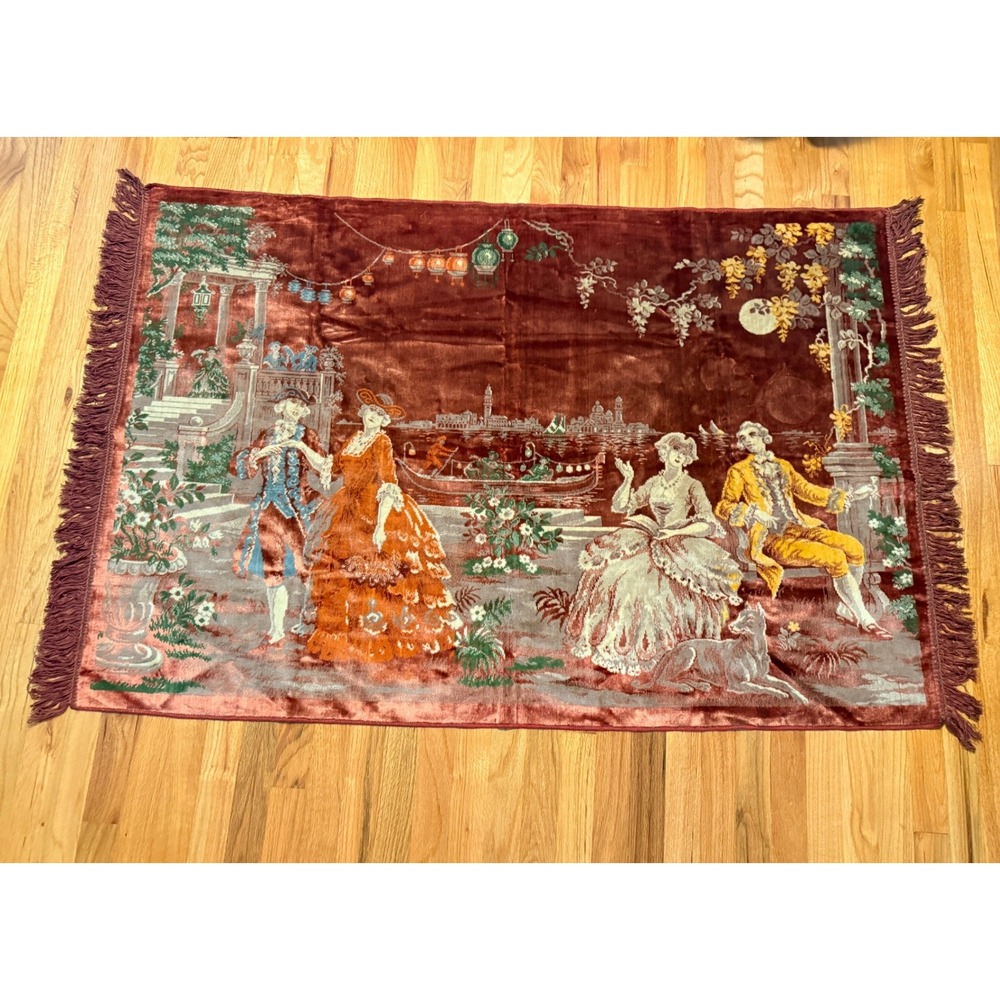 Vintage Italian Velvet Tapestry Venice Couples Scene Wall Hanging 62x39 Burgundy